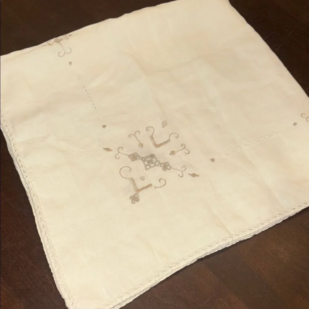 Vintage Cream Embroidered Tablecloth 33x31.5”